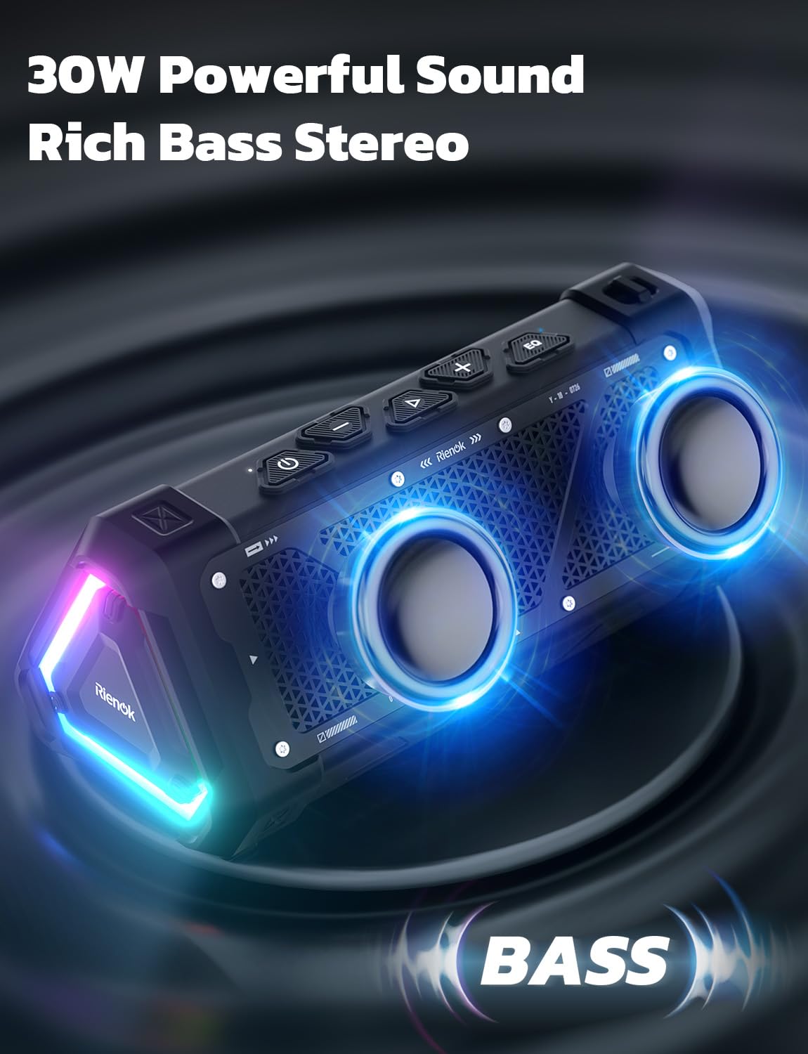 RIENOK S11 Bluetooth Speaker 30W Wireless Portable IPX7 Waterproof Speaker with 3 EQ Modes USB Audio Mode 24H Playtime Bluetooth 5.3 TF Card Up to 32G Speakers for Home Garden Party Camping Travel - Image 3