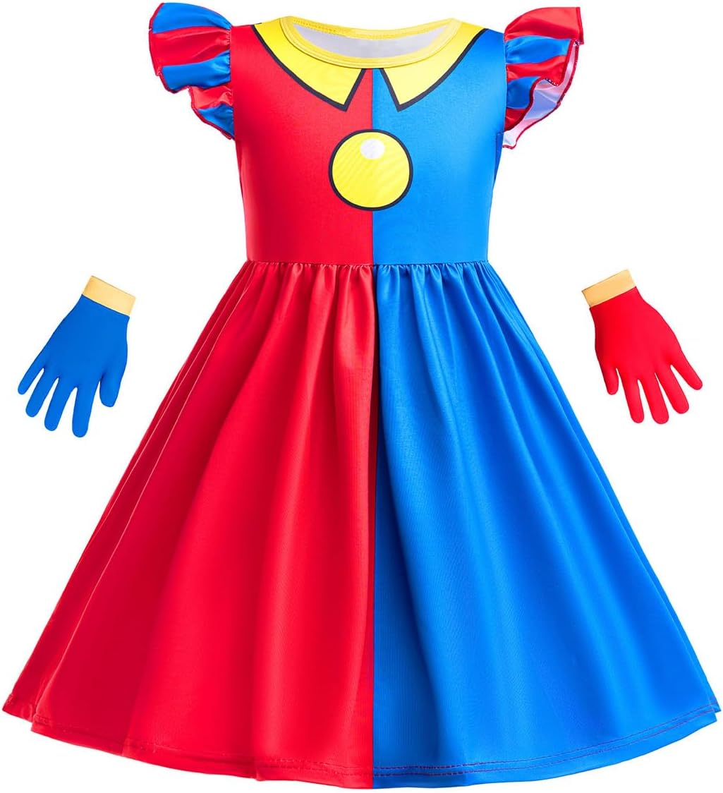Koongso Pomni Clown Dresses for Girls, Kids The Amazing Digital Circus Cosplay Dress with Gloves for Halloween Carnival Birthday Party