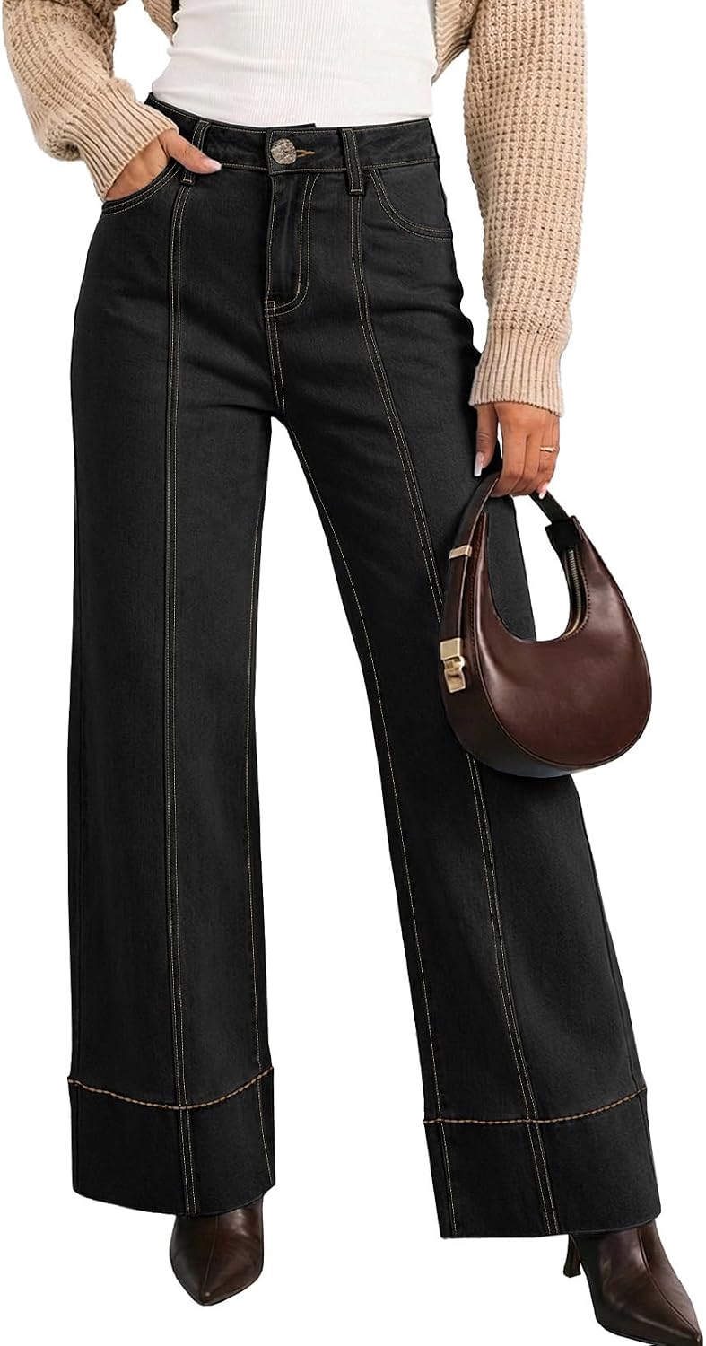 Dokotoo Women's Casual High Waisted Jeans Stretchy Wide Leg Loose Fit Denim Pants with Pockets