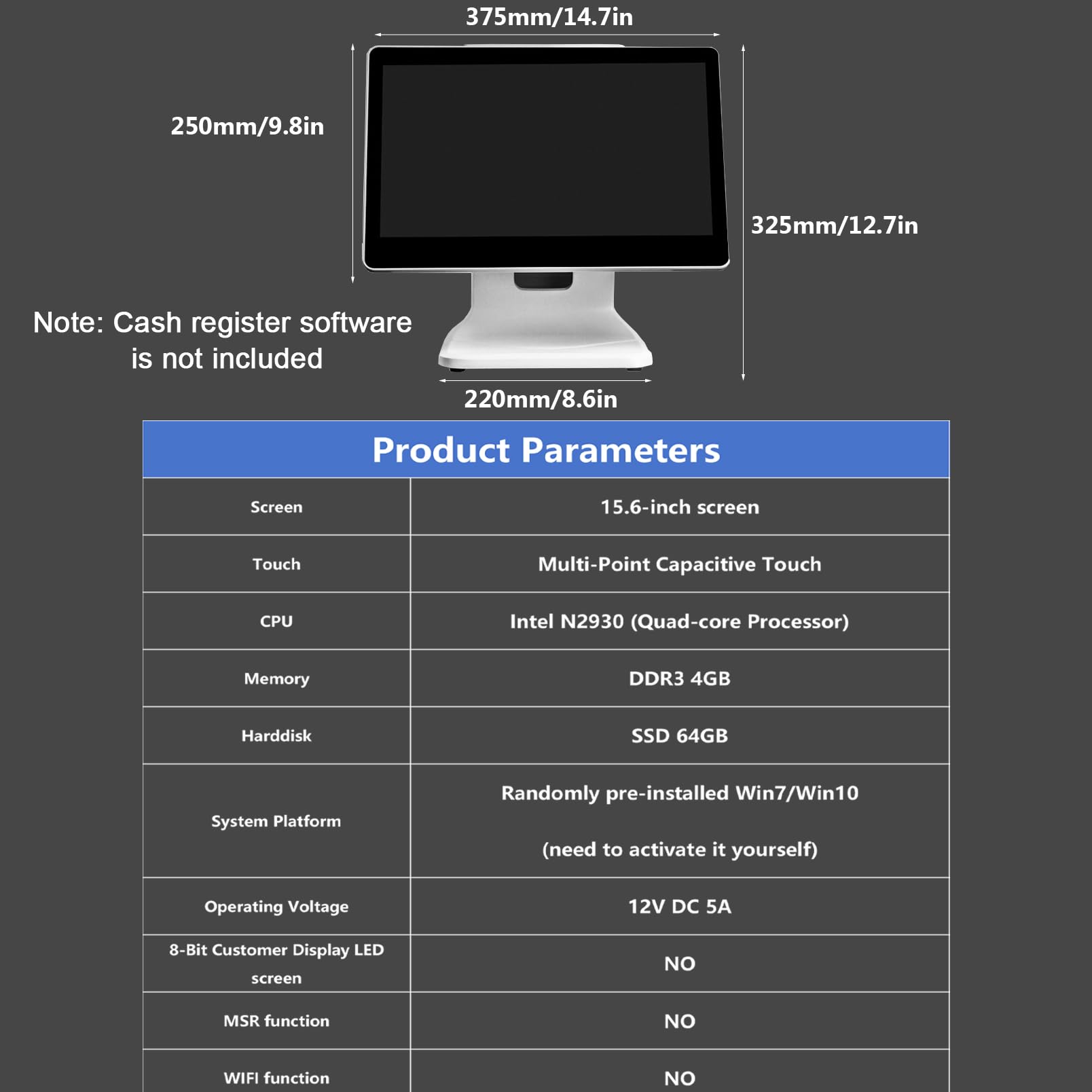 Caisse Enregistreuse Électronique 15.6in, Moniteur de Caisse LCD DC 4GB 64GB POS CPU N2930, Caisse Enregistreuse Commerciale pour Encaissement Simple Restaurants Vente Au Détail
