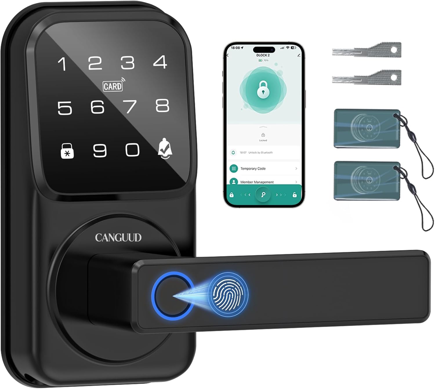 Fingerprint Keyless Entry Door Lock – Smart Digital Door Lock with Handle, Electronic Keypad Deadbolt for Front Door, Biometric Door Knob, Auto Lock, App Control, Easy Installation