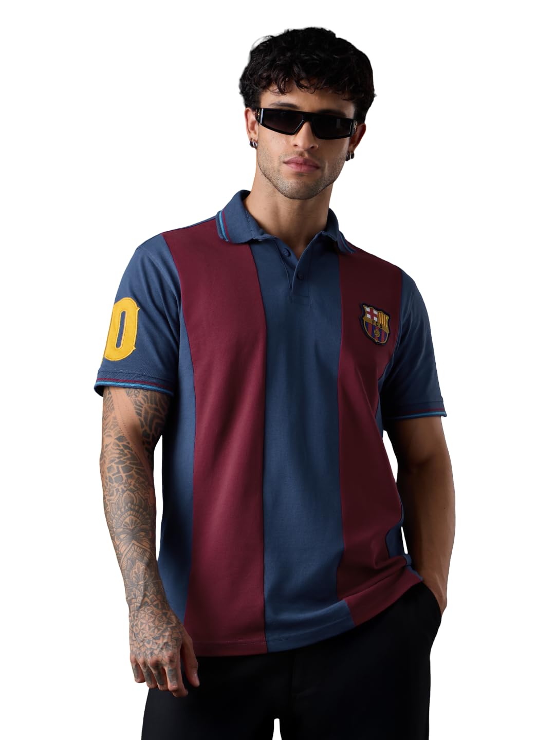 FC Barcelona: Retro Men and Boys Short Sleeve Spread Collar Navy Blue and Maroon Colour-Block Embroidered Cotton Pique Regular Fit Polos-image-13
