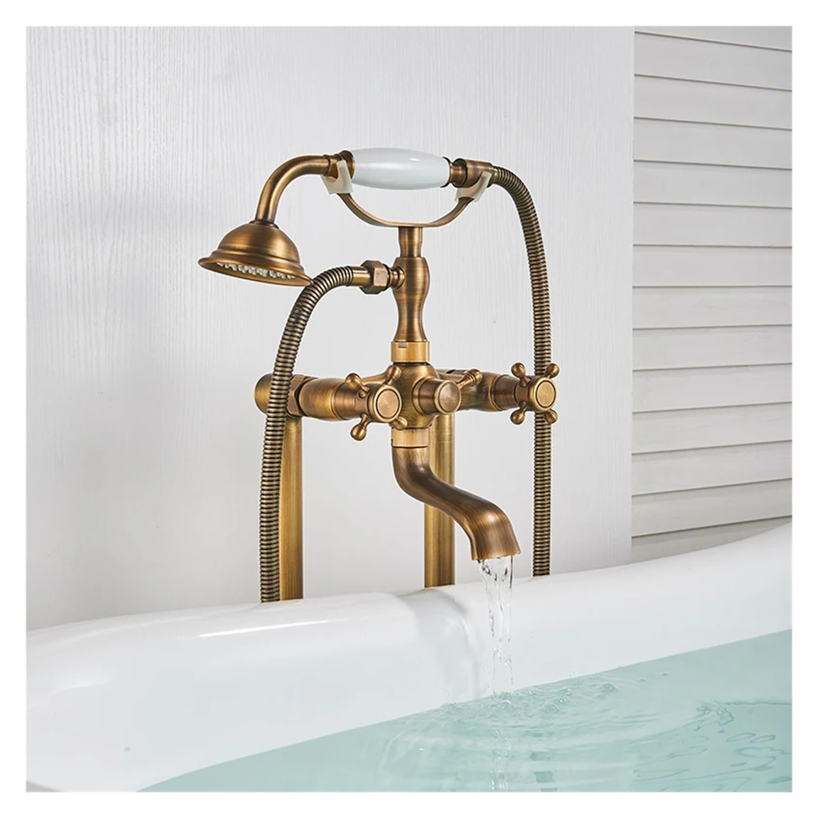 Aycdl Faucet, Antique Brass Floor Mounted Bathtub Shower Faucet, Dual Handle Standing Bathroom Faucet,Brass Swivel Spout 150Cm Shower Hose