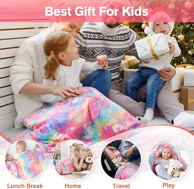 Image of Glow-in-The-Dark Kids Blanket a€ inch Polar Fleece Soft Lightweight Single Bed Blanket with Unicorn Jacquard Print, Multicolor (Rainbow)