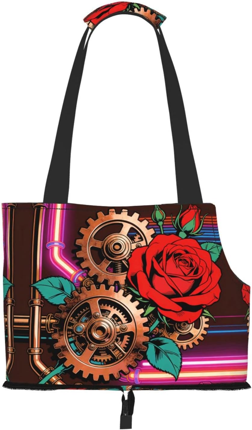 Neon Steampunk Red Rose Print Dog Purse Carrier for Small Dogs and Cats | Breathable Pet Carrier Bag & Portable Dog Travel Bag For Small Puppy Handbag, Secure Pet Purse For Outdoor Walking