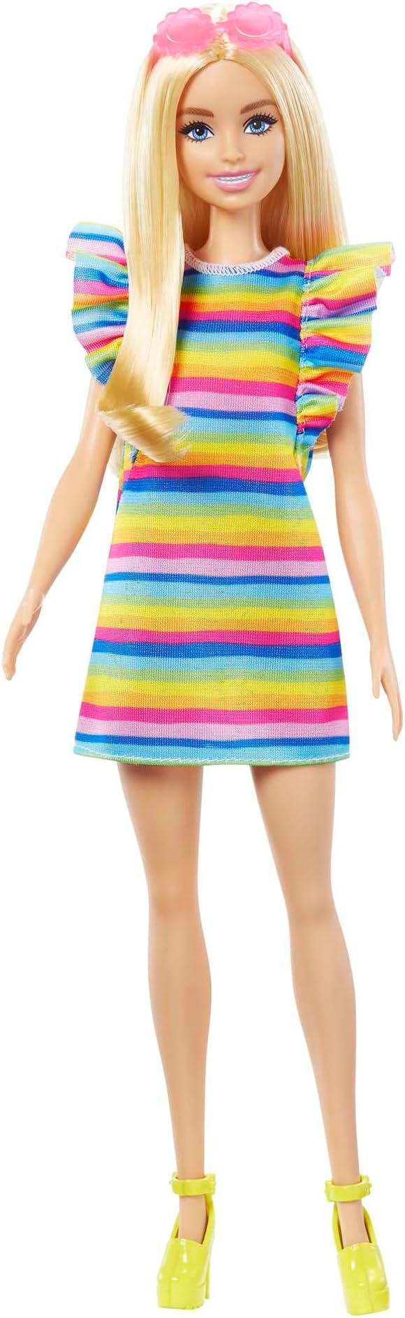 Barbie Doll, Kids Toys and Gifts, Blonde with Braces and Rainbow Dress, Fashionistas, Clothes and Accessories, HJR96