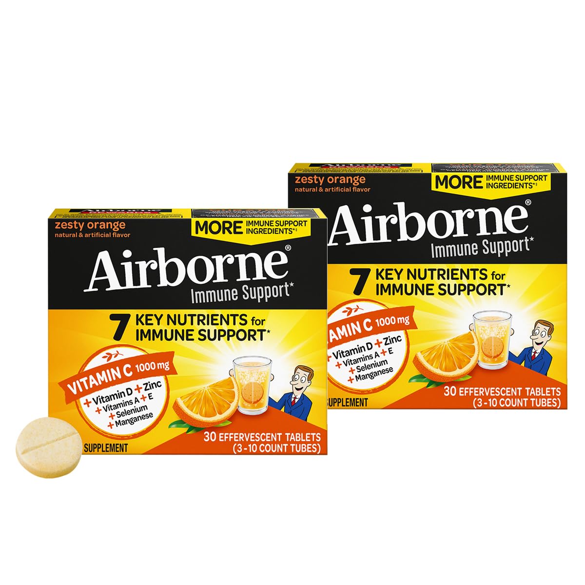 Airborne 1000mg Vitamin C + Zinc Sugar Free Multivitamin Immune Support Effervescent Fizzy Drink Tablets, Zesty Orange Flavor with Powerful Antioxidants Vitamin