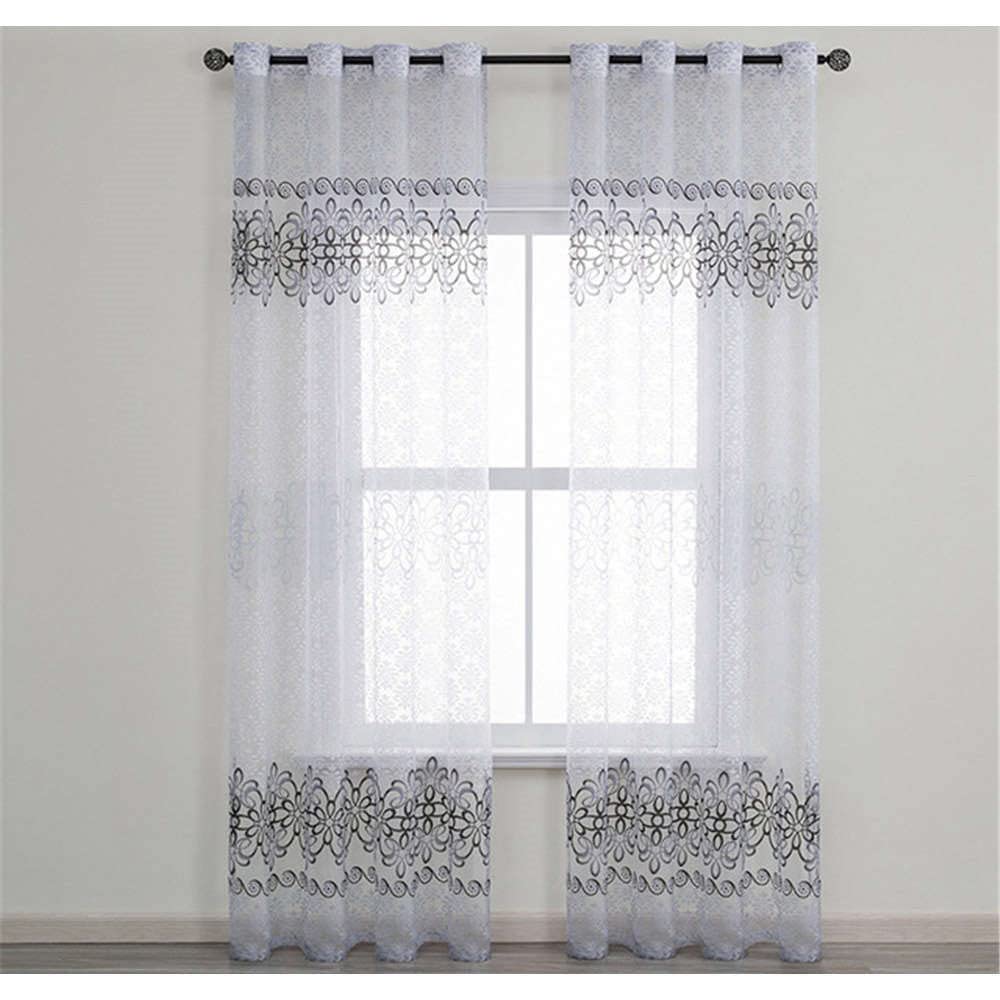 GIVBRO Eyelet Drapes Sheer Curtains Flower Patterned Window Treatments Voile Transparent Door Curtain Panel Grey, 132 * 160cm