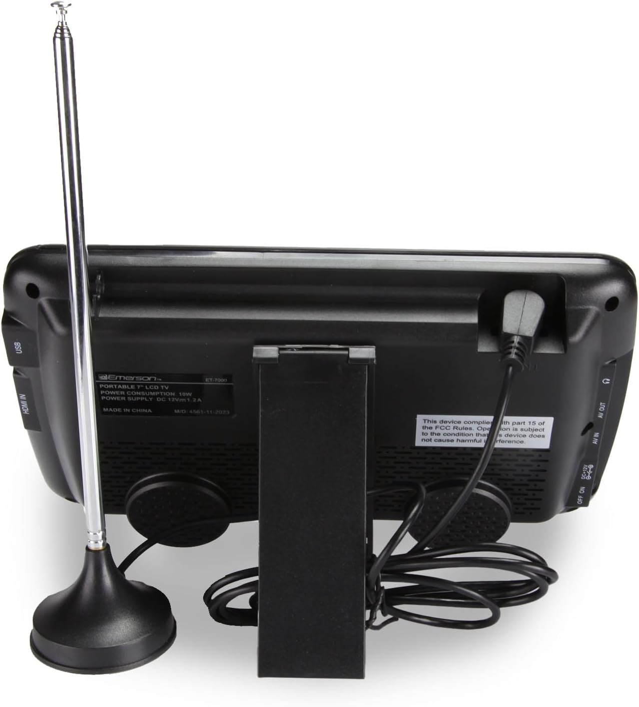 All components included with the Emerson 7-inch Portable TV