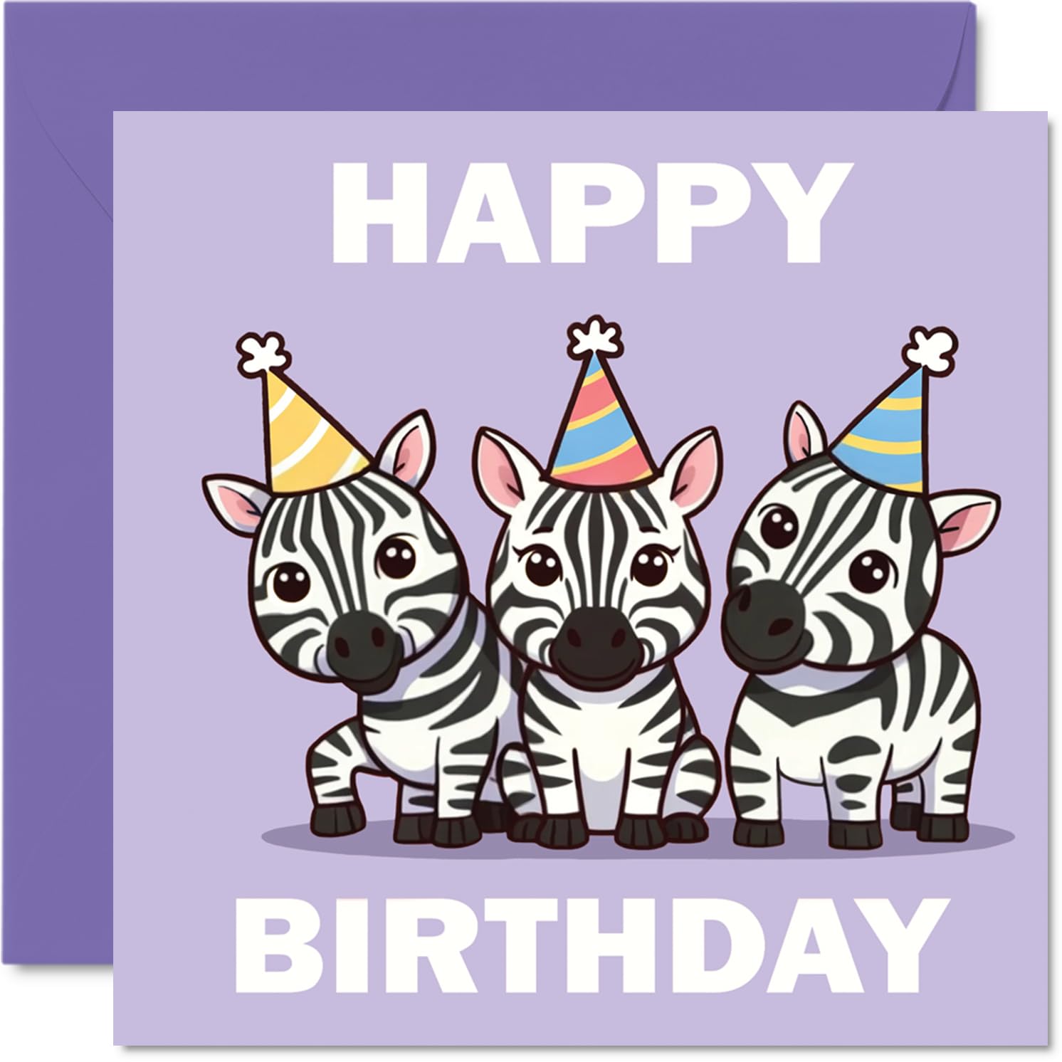 Playful Birthday Card - Party Animals in Hats - Trio of Cartoon Zebras on a Bold Purple - Guaranteed to Spark Birthday Smiles - 145mm Square, Envelope Included