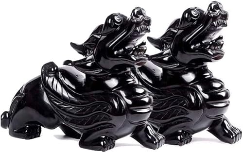 Miniatura 2 de Adornos de Feng Shui, par de estatuas de PiXiu/PiYao, piedra de obsidiana negra, decoración de prosperidad, para el hogar y la oficina (par)
