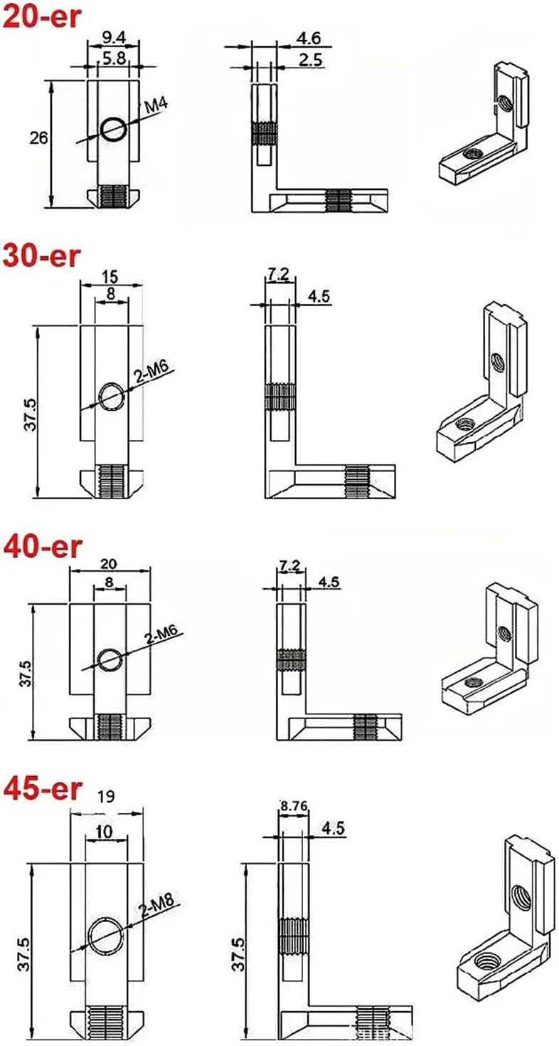 4 Pack 2020 3030 4040 4545 Aluminum Profile Bracket L Type T Slot 90 Degree Angle Connector Fastener(2020 Brackets)
