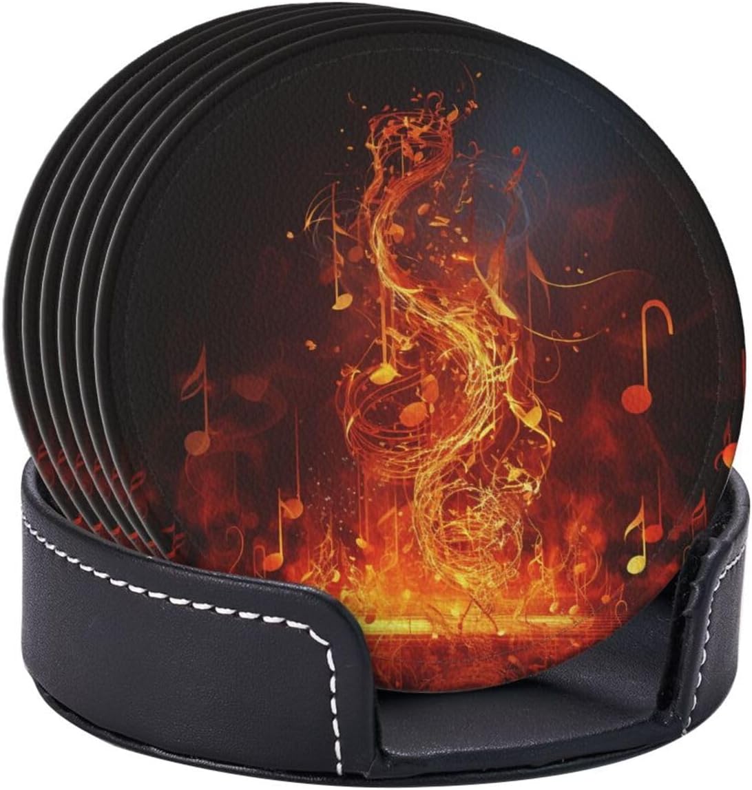 Red Flame Music Note Leather Coasters Set of 6 with Holder image 4