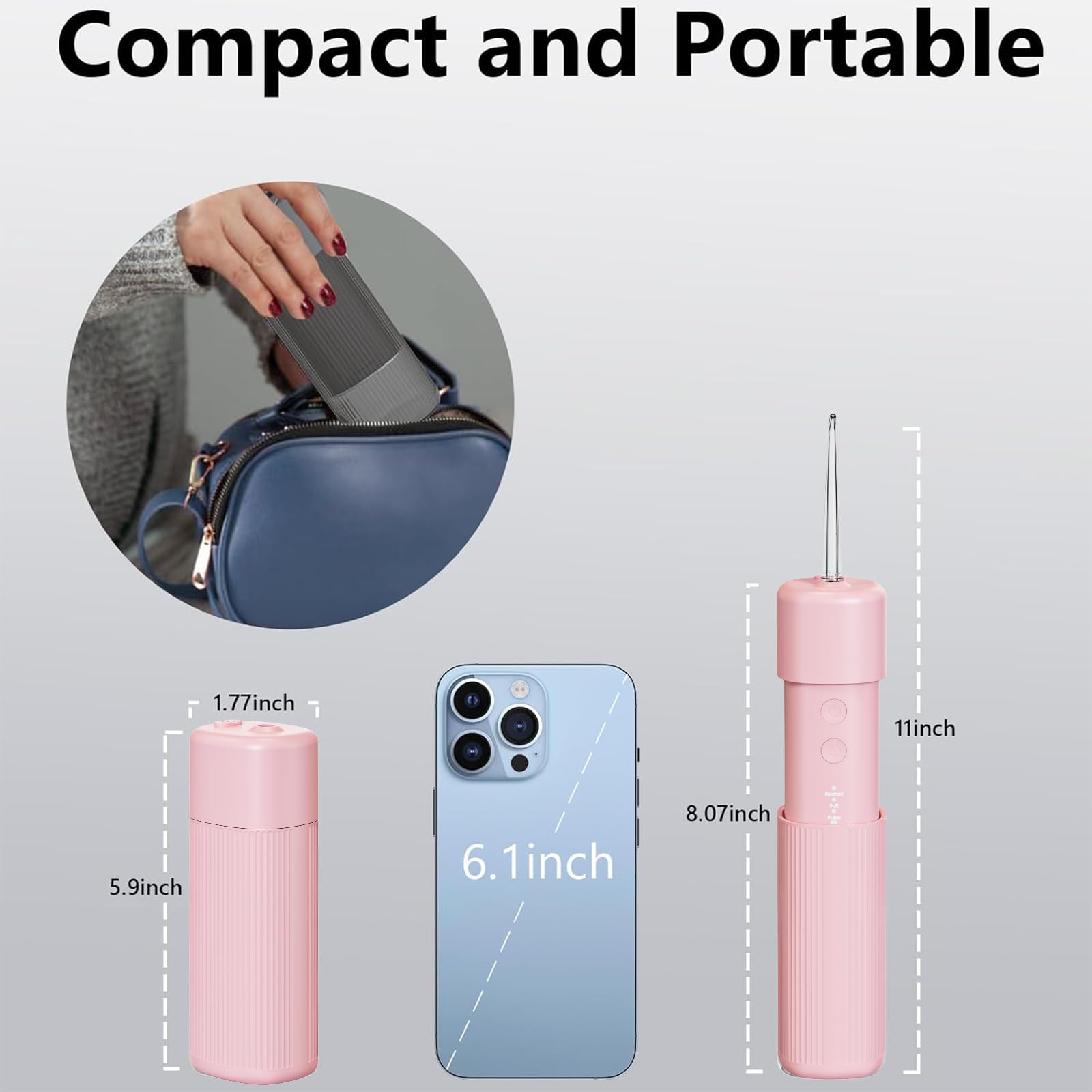 HUACO CARE Irrigador dental portátil para dientes, con tanque de agua telescópico, 3 modos e impermeable IPX7, hogar y viajes (rosa)