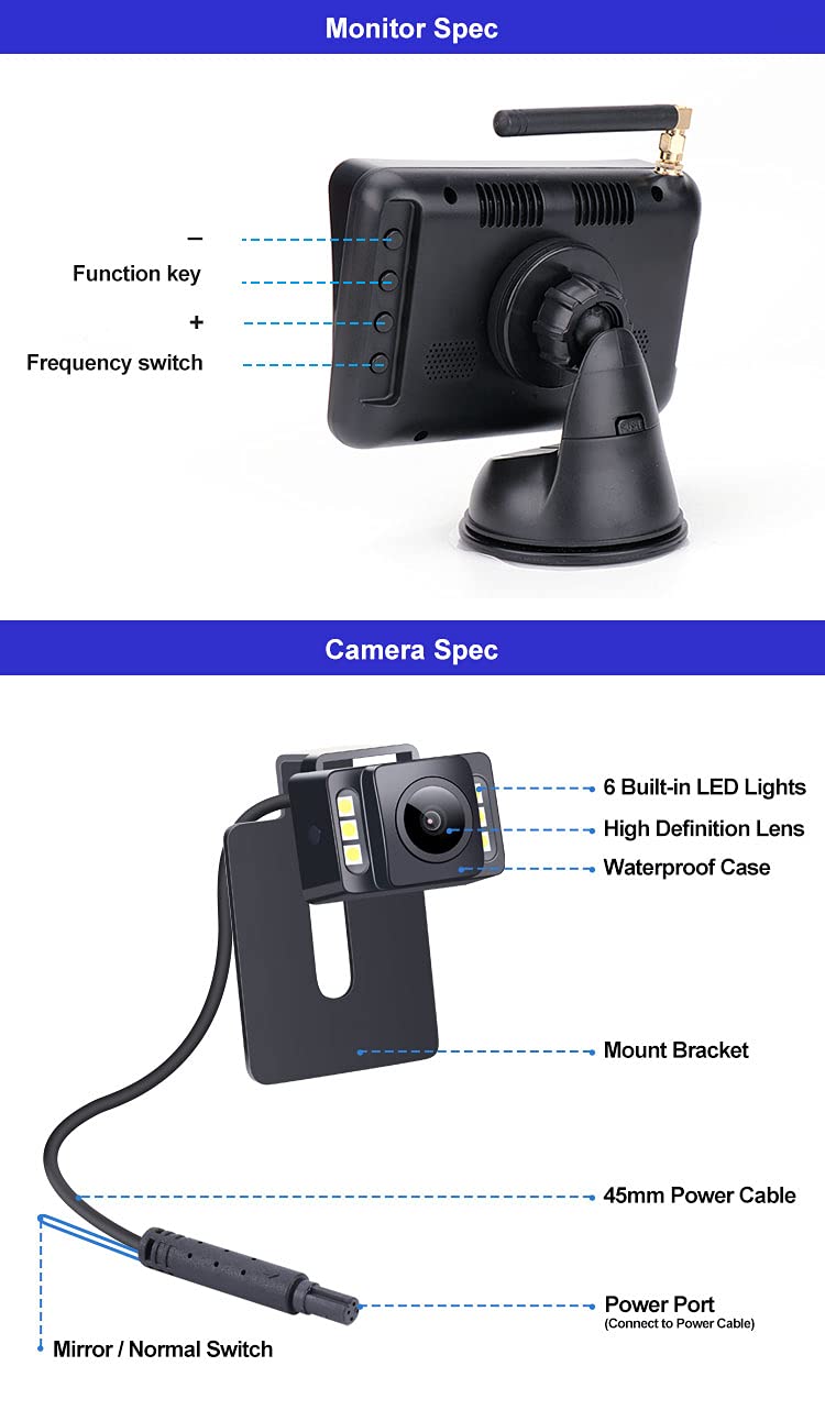 OBEST Kit Telecamera Per Retromarcia Wireless 4,3'' - Visione Notturna, Impermeabile IP68, Angolo 170° - Per Auto, Camion, Furgoni, SUV