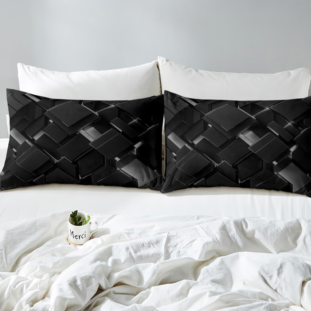 jejeloiu Black Geometric Duvet Cover Toddler Size Kids Stereoscopic Square Comforter Cover for Boys Girls Teens Neon Bedding Set Breathable Modern Art Bedroom Decor Bedclothes