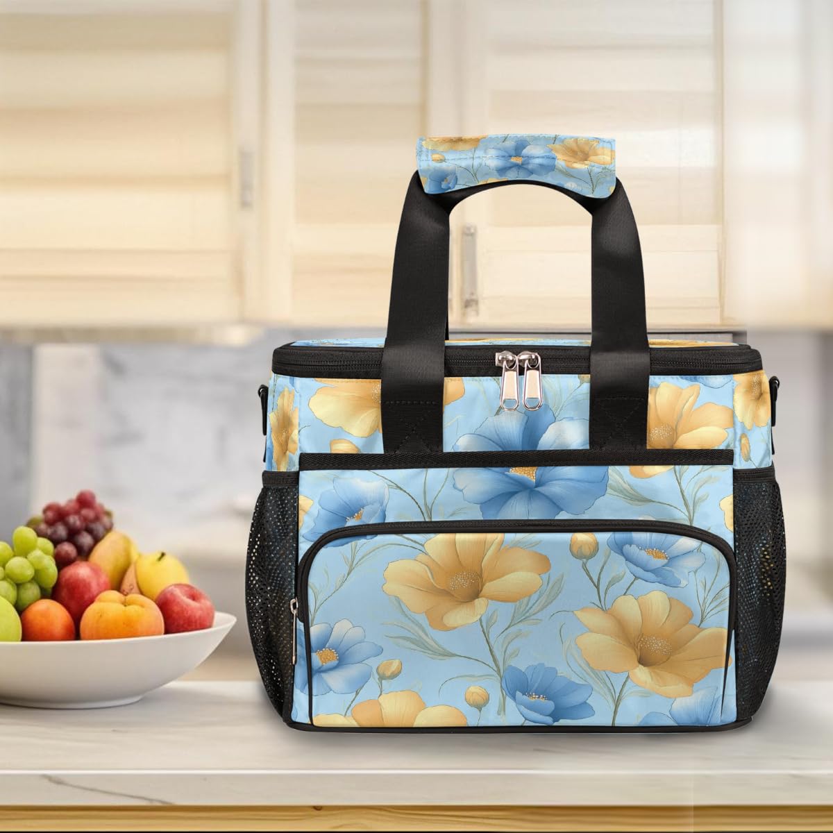 Grande borsa termica da campeggio per picnic, elegante design floreale blu giallo pieghevole portatile da viaggio borsa per il pranzo e contenitore per il pranzo per uomini e donne, 20 l