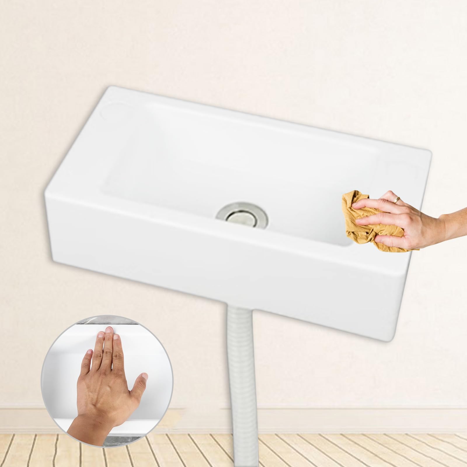 Lavabo Suspendido,40x20x11cm(WxDxH),Blanco rectángulos plástico Lavabo,que es ligero,Lavabo artístico para cualquier lavadero, hogar o sala de calderas (B)
