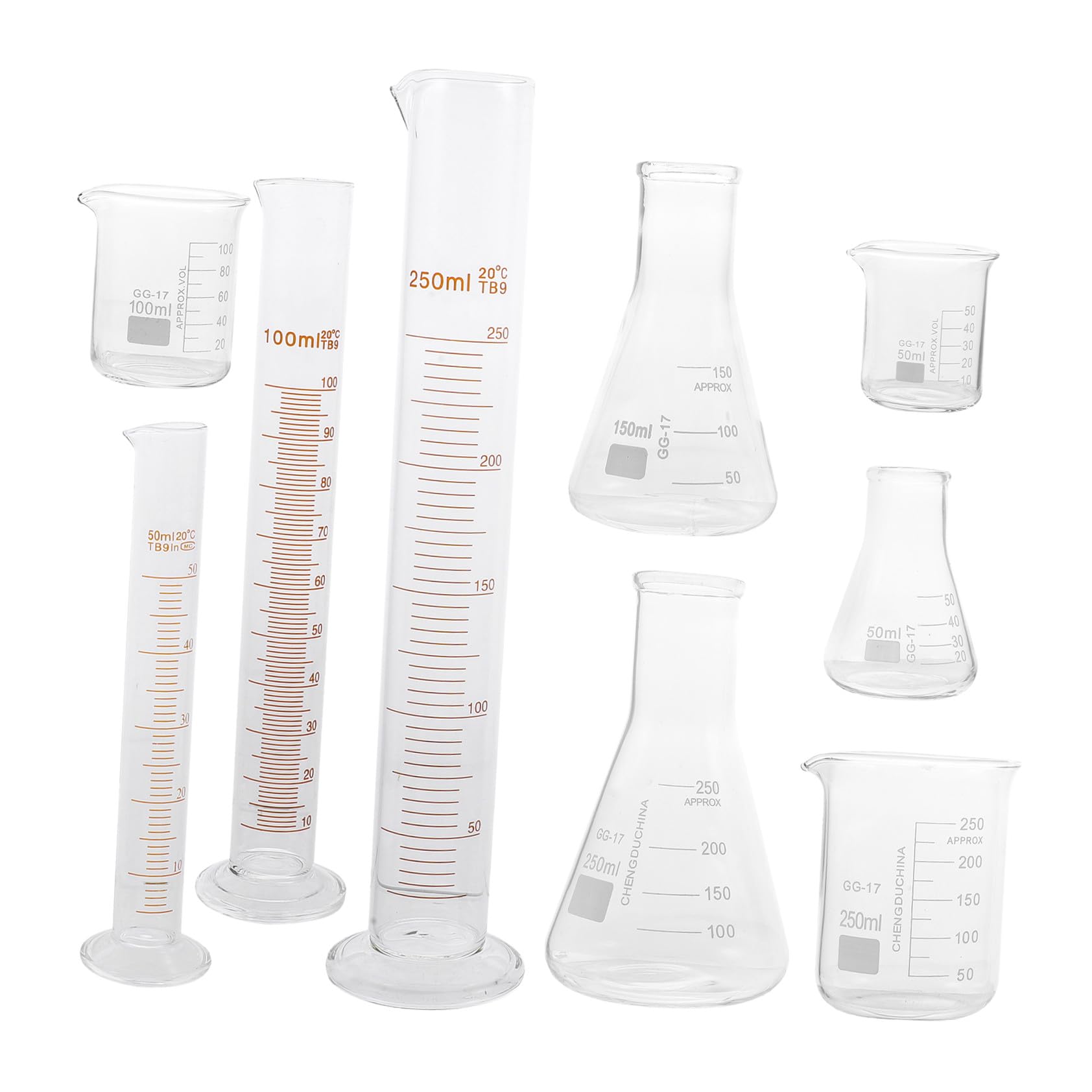 Ciieeo 9pezzi Vetro Da Laboratorio Con Becher Cilindri Graduati e Fiasche Coniche in Vetro Resistente Alte Temperature Per Esperimenti Chimici e Didattica