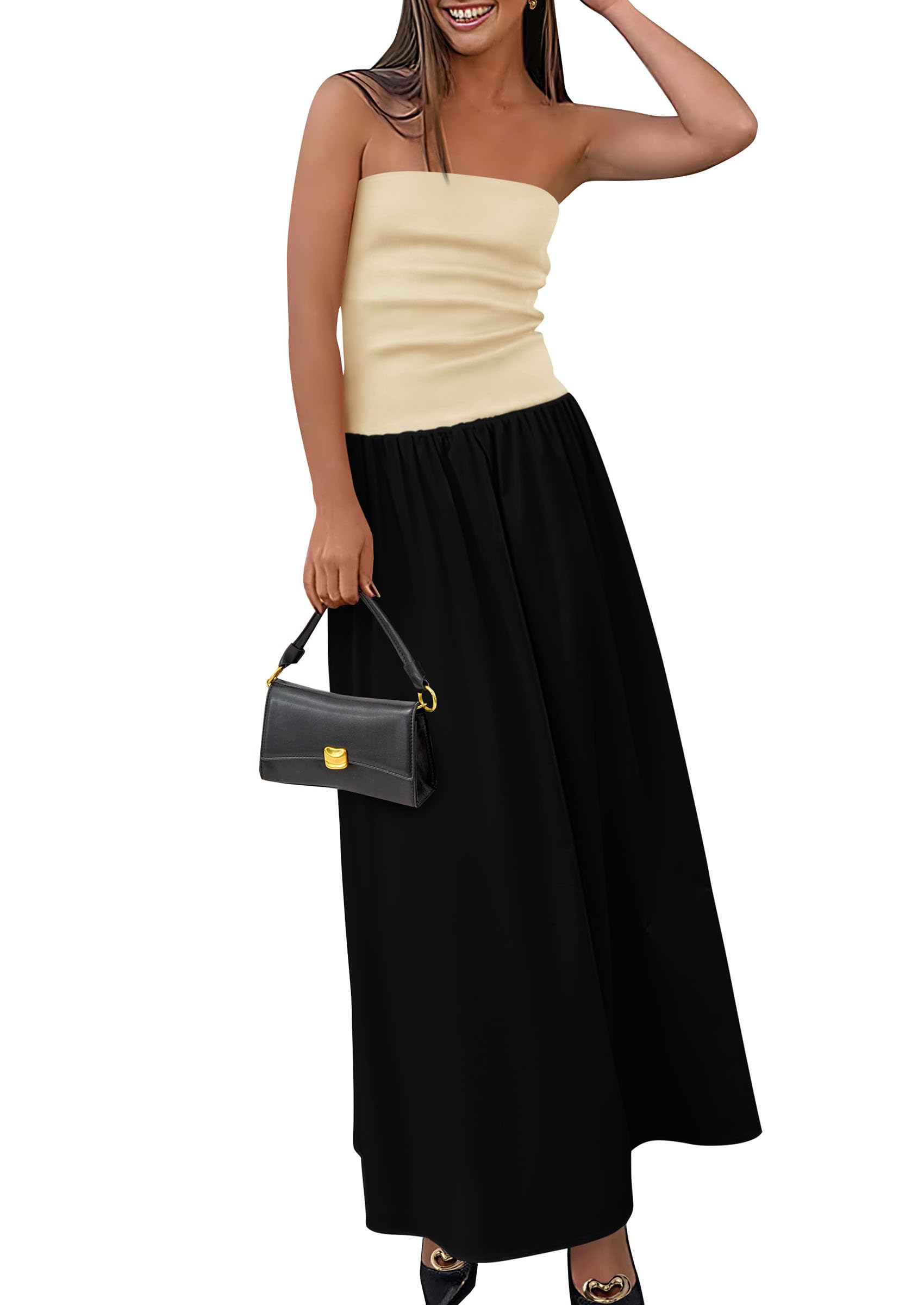 PRETTYGARDEN Women's 2025 Spring Strapless Maxi Dresses Patchwork Long Flowy Pockets Elegant Going Out Summer Tube Top Dress Apricot Black Medium