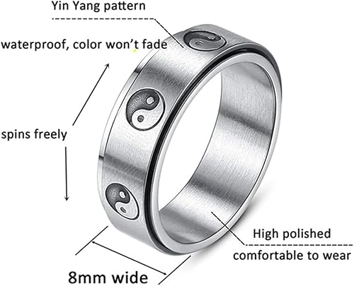 Miniatura 8 de Anillos giratorios para la ansiedad Yin y Yang de 0.315 in para hombres y mujeres, acero inoxidable, Taichi Balance Mantra, anillo negro