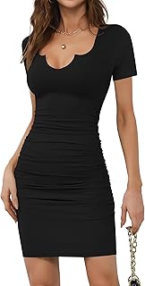 Women's Short Sleeve V Neck Ruched Bodycon Summer Casual Short T Shirt Dress - Buy now