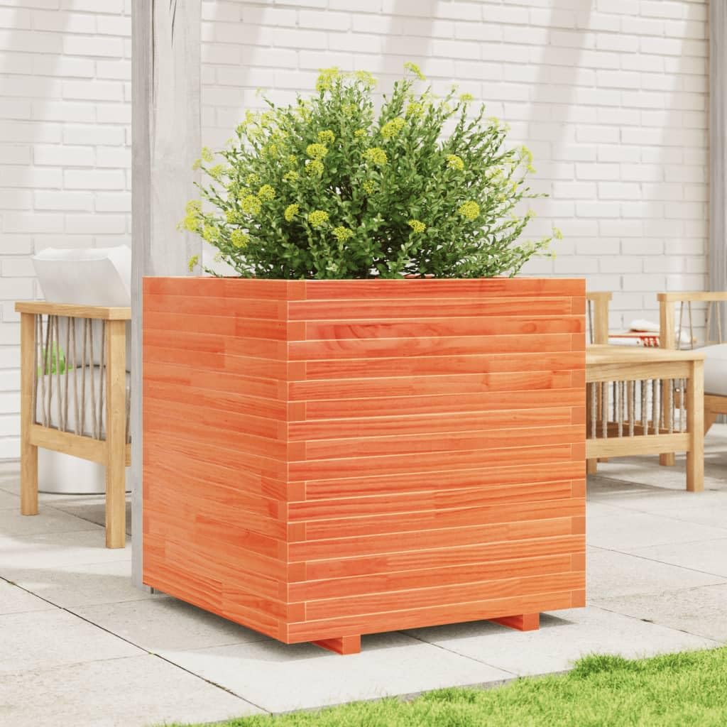 Fioriera da Giardino 70x70x72 cm in Legno Massello di Pino | Vaso da esterno marrone cera con ampio spazio interno per piante e fiori su terrazzo, patio o balcone.