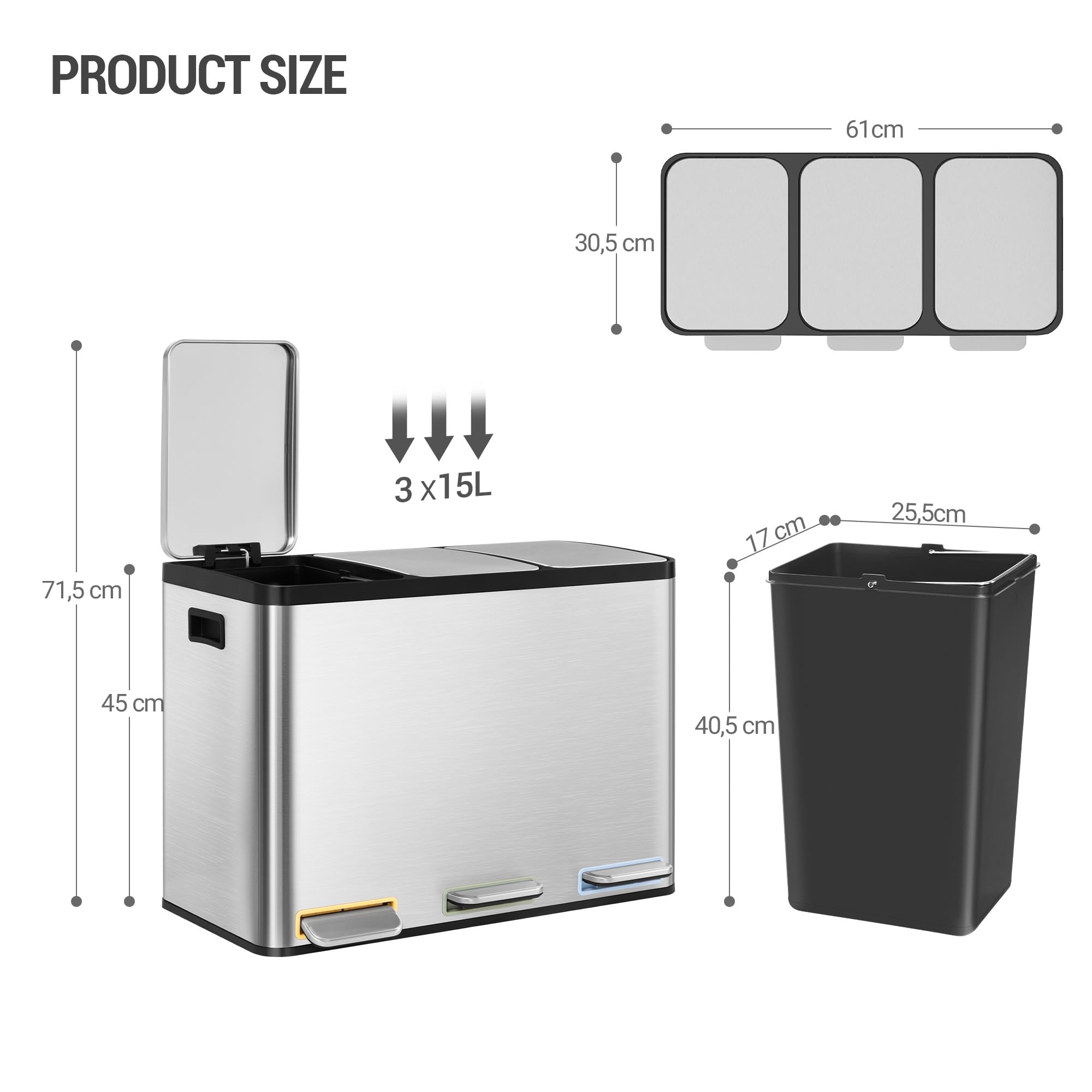 Hzuaneri Mülleimer Küche, Mülltrennsystem 3 Fächer 45L (3 x 15 L), Edelstahl-küchenmülleimer, Tretmülleimer mit Farbcodierbaren Pedalen, Abfalleimer Ruhiger Langsamer Abstieg, Silber SW04599E