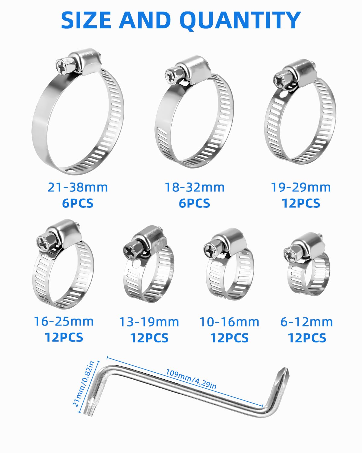 Produktbild von 60 Stück Schlauchschellen Edelstahl Set,8-38mm Rohrschellen Hose Clamp,12mm Schlauchbinder,Waschmaschine Schlauchschelle,7 Größen Schlauchklemmen Set,für Wasserleitung,Autoleitung,Gasleitung,Garten