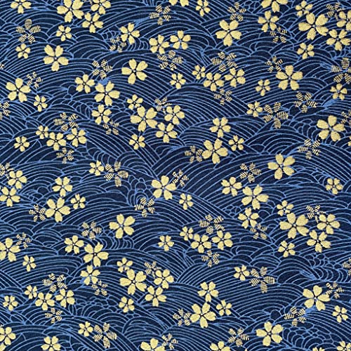Jukway 100cm Telas por Metro Impreso, 145 cm de Ancho, 100% Algodón Tejidos Telas para Patchwork Coser, Tela Patrón Flores Doradas Bronceadas, Acolchado DIY Decoración (Azul)