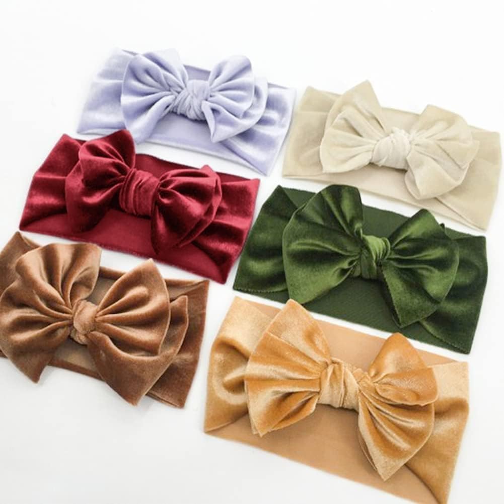 Baby Girls Bow Headbands, Stretchy Velvet Hair Bows Headbands Solid Color Wide Turban Knotted Big Bow Elastic Hairbands Headwraps Hair Accessories