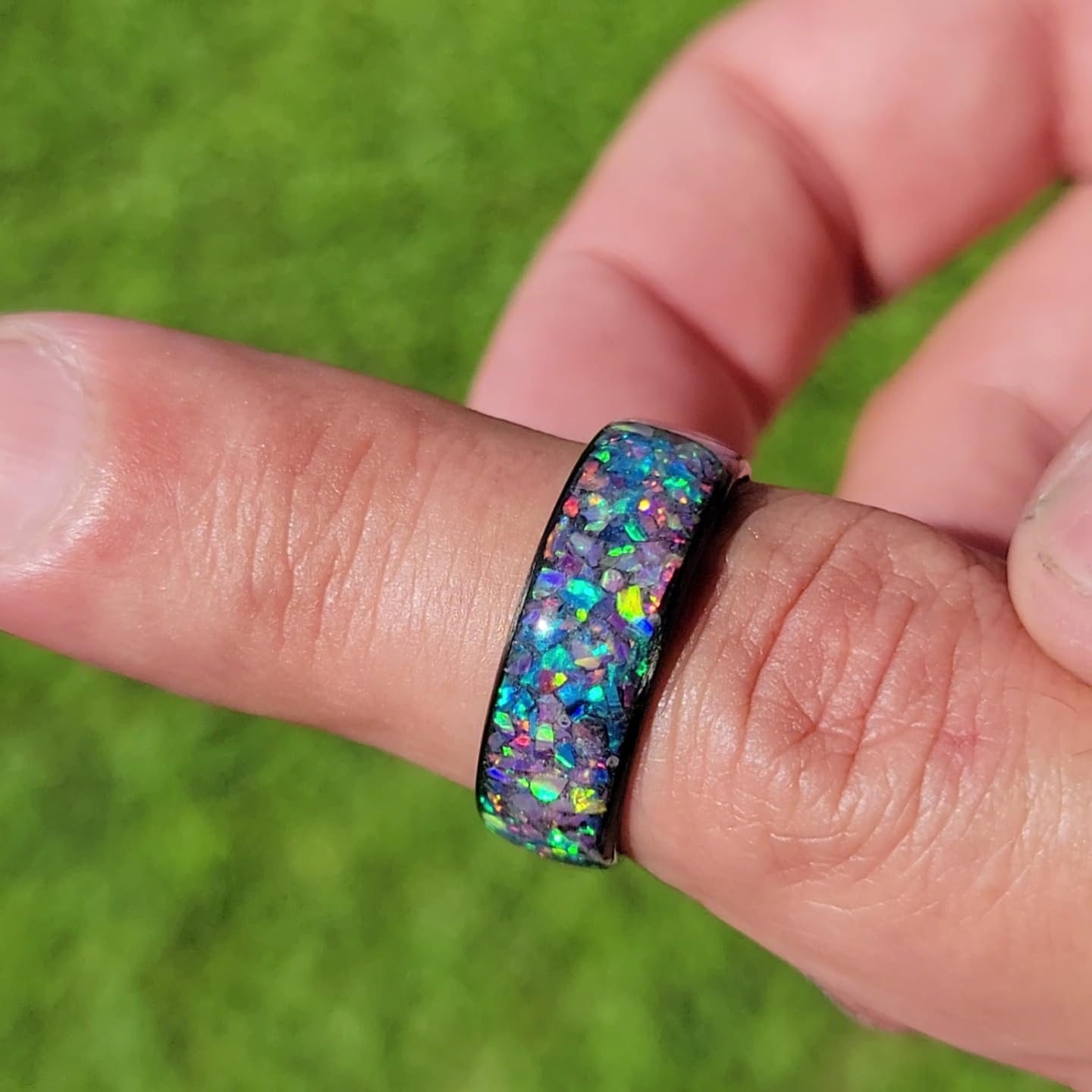 Carbon Fiber Ring with Nebula Opal inlay - Handcrafted in USA - Lightweight - Sizes 4-16 - Custom Bandwidths