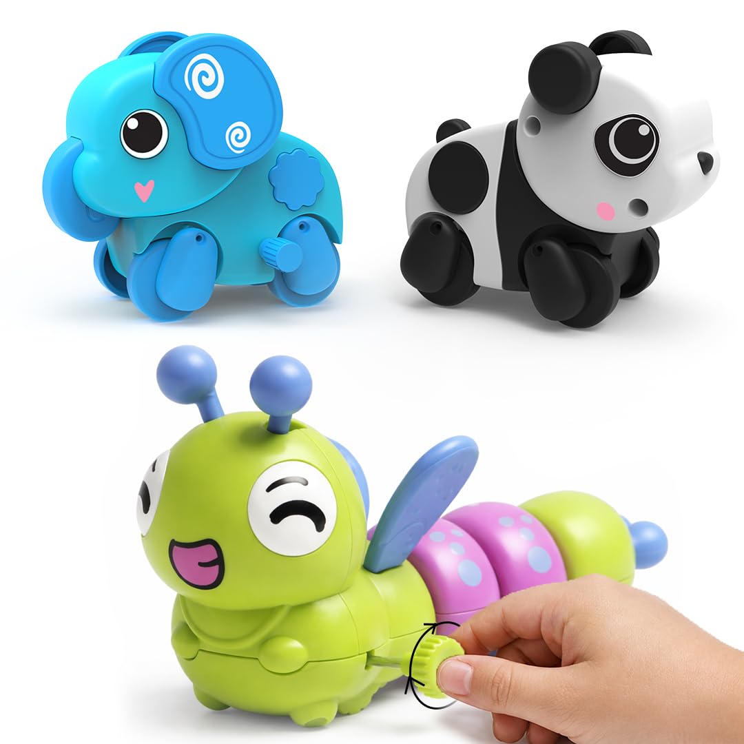 Innovitoy Wind-Up Crawling Toy Set for Kids – Caterpillar, Panda & Elephant Animal Crawling Toys – Fun & Safe Mechanical Toys – No Batteries – Pack of 3