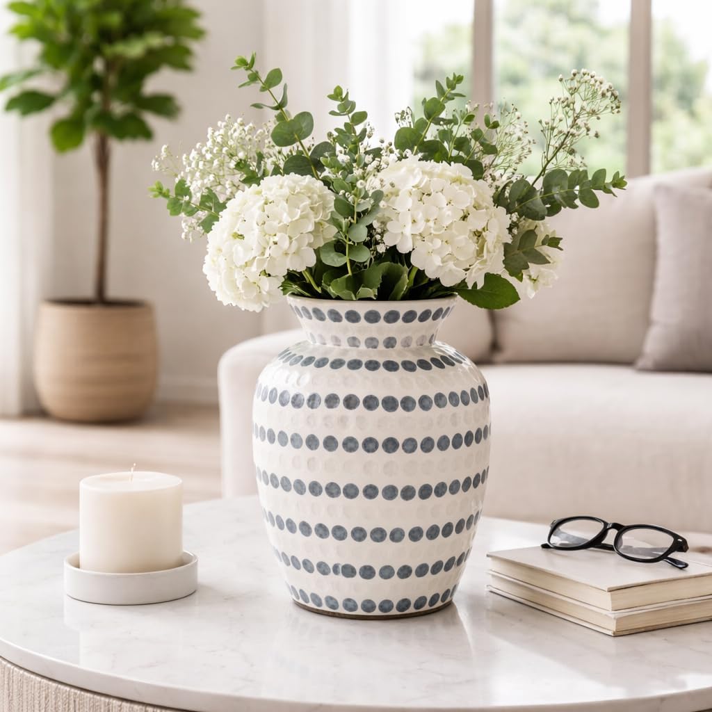 Contemporary Dots Pattern Vase for Living Room Decor - Decorative Vase for Home, Room, and Office Space - Stylish Tall Flower Vase Ideal for House, Bedroom, and Table Decor Accent - 13", Ivory & Blue