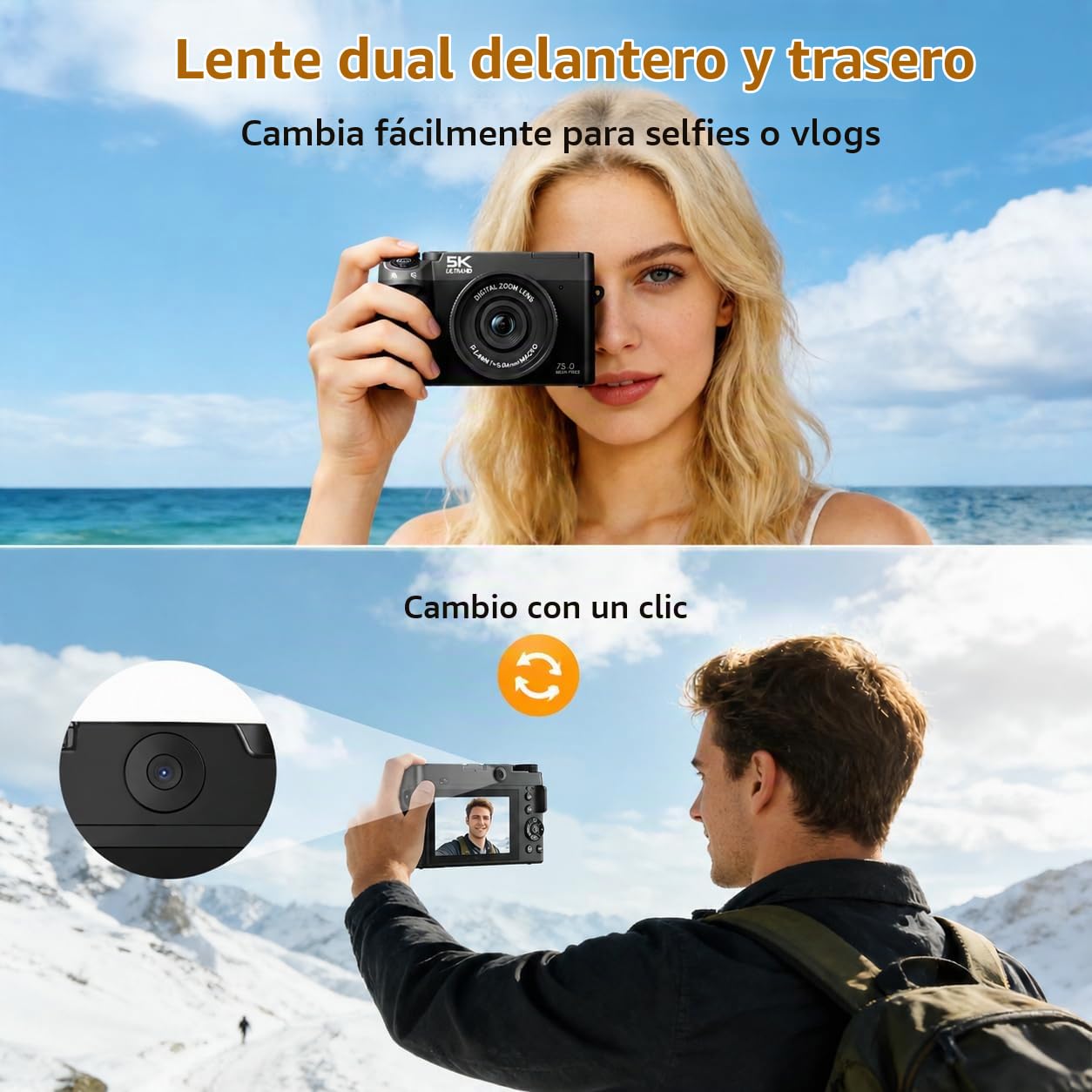Cámara Digital 5K 75MP Cámara de Fotos para Vlogs con Wi-Fi, Cámara Compacta con Pantalla LCD de 3", Autofoco, Zoomdigital 18X, Tarjeta 64GB Incluida, Selfies Cámara para Principiantes Adolescentes