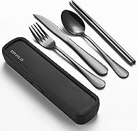 ERVILO Stainless Steel Travel Utensils Set with Case - 5-Piece Camping Cutlery Fork Spoon Knife Chopsticks, Snap-Lock Reinforced Portable Case, Black