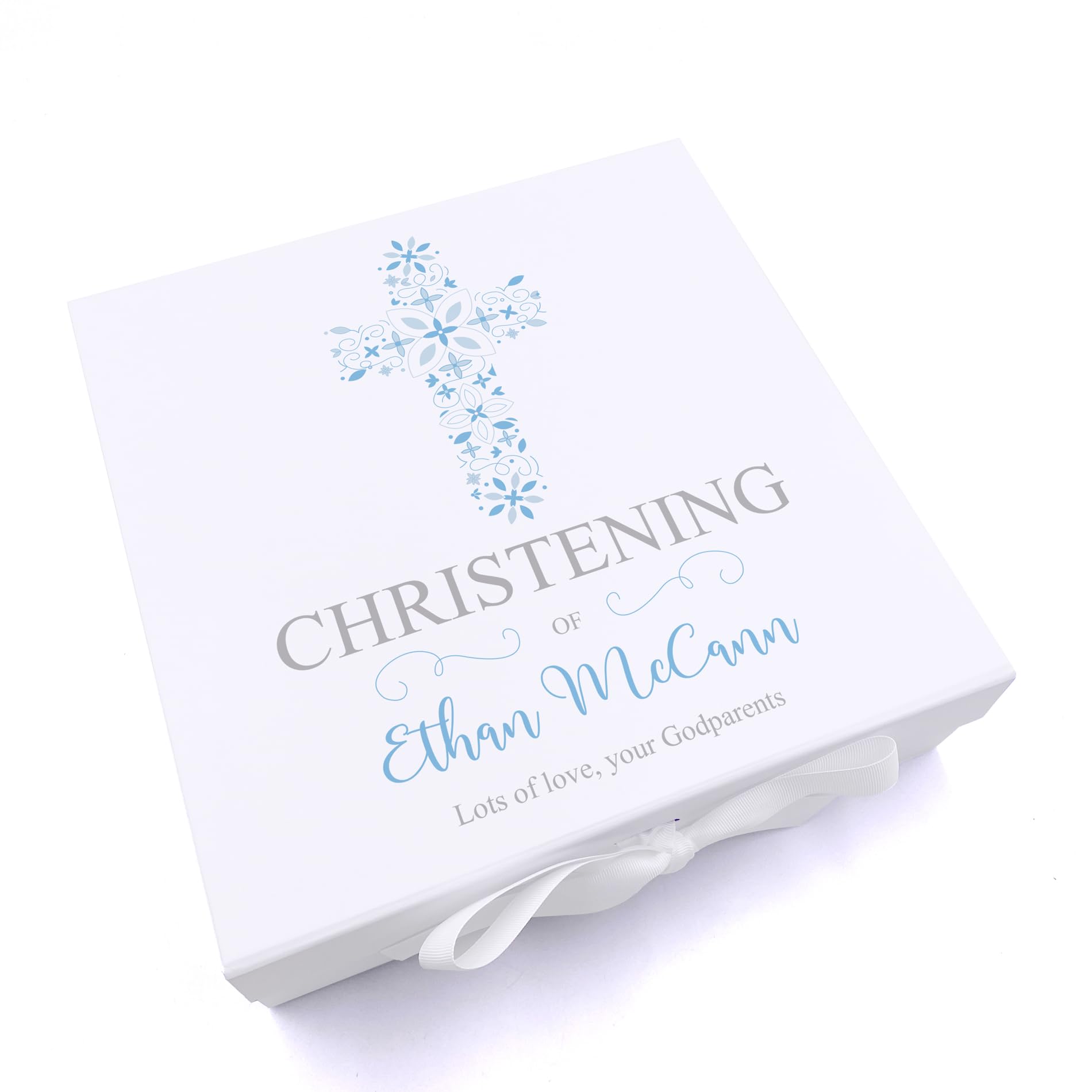 ukgiftstoreonline Personalised Christening Blue Ornate Cross Design Keepsake Memory Box