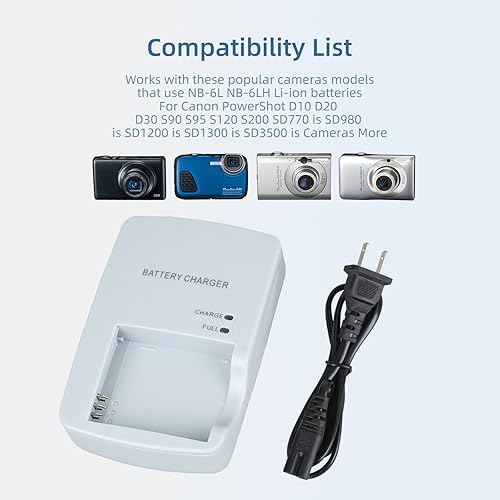 Miniatura 5 de CB-2LY CB-2LYE Cargador de batería para Canon NB-6L NB-6LH Compatible con Canon PowerShot S90 S95 S120 S200 D10 D20 D30 SD770 SD980 SD1200 SD1300