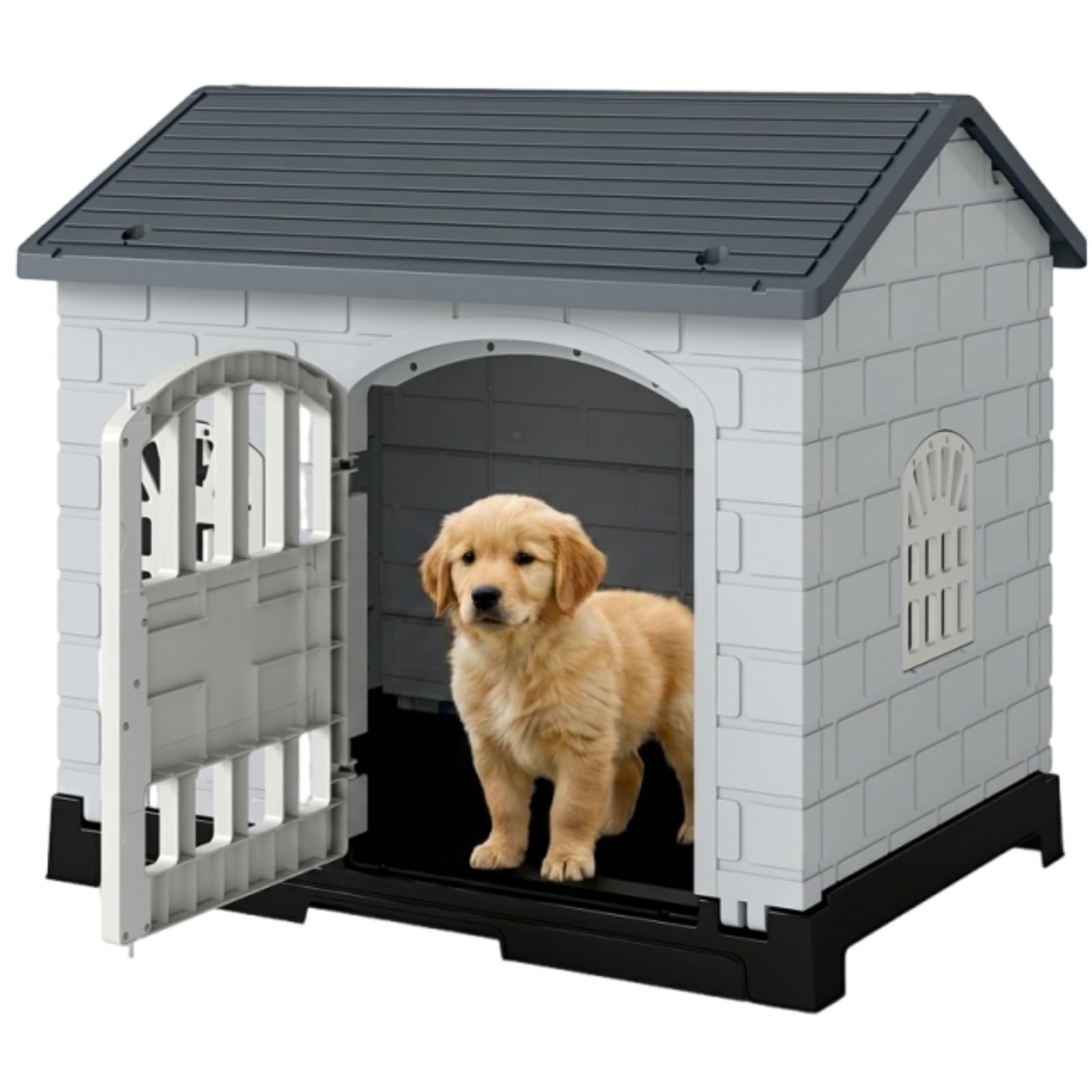 Maxmass Plastic Dog House, Waterproof Pet Shelter with Sloped Roof, Lockable Door, Windows, Removable Toilet Tray, Indoor Outdoor Pet Kneel Cage Crate for Dogs Cats Puppy Rabbits (Grey)