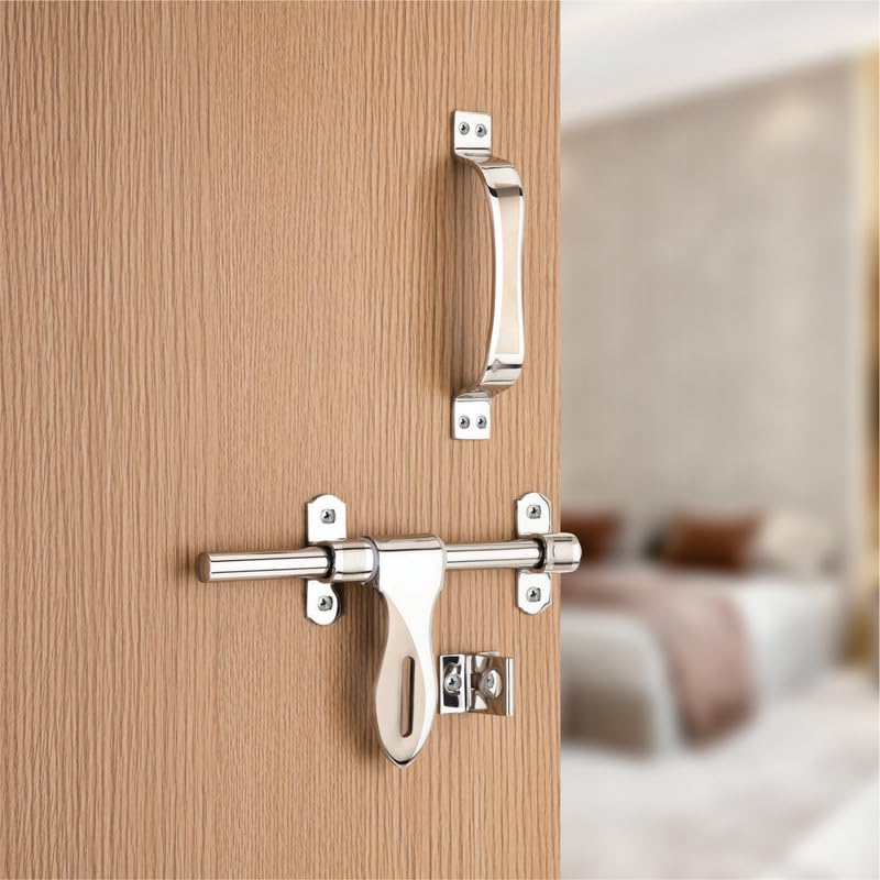 Image of COMPASS Paan Stainless Steel Heavy Double Door Fitting Accessories Full Set /Kit (1 Aldrop, 1 Latch, 4 Handles, 2 Tower Bolt and 2 Door Stopper | 12 inch | SS Finish