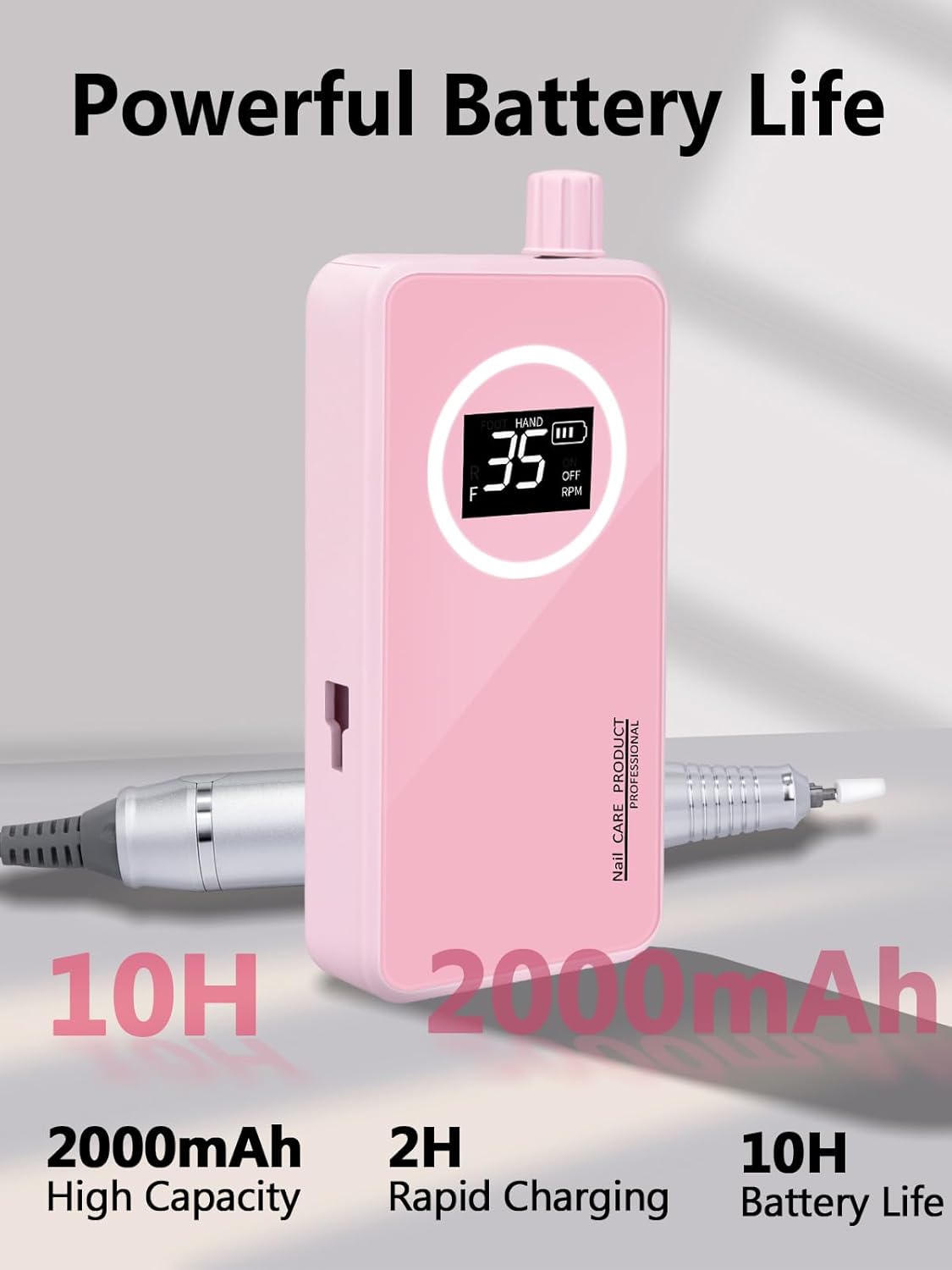 Nail Drill, Portable Electric Nail File 50000RPM, Rechargeable Nail Drill Professional with Bits for Acrylic Gel Nails, E-File Machine Manicure Polishing for Salon Home,Pink - Image 3