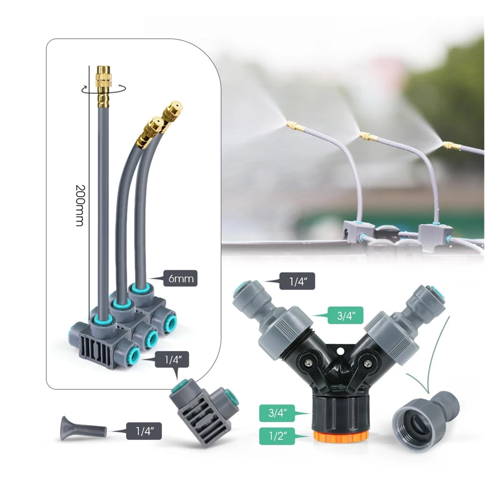 1/4 ''Flessibile regolazione rotativa a 360° Ugello in ottone Set di irrigazione Collegamento rapido Atomizzazione automatica Sistema di irrigazione del giardino(A-30m)