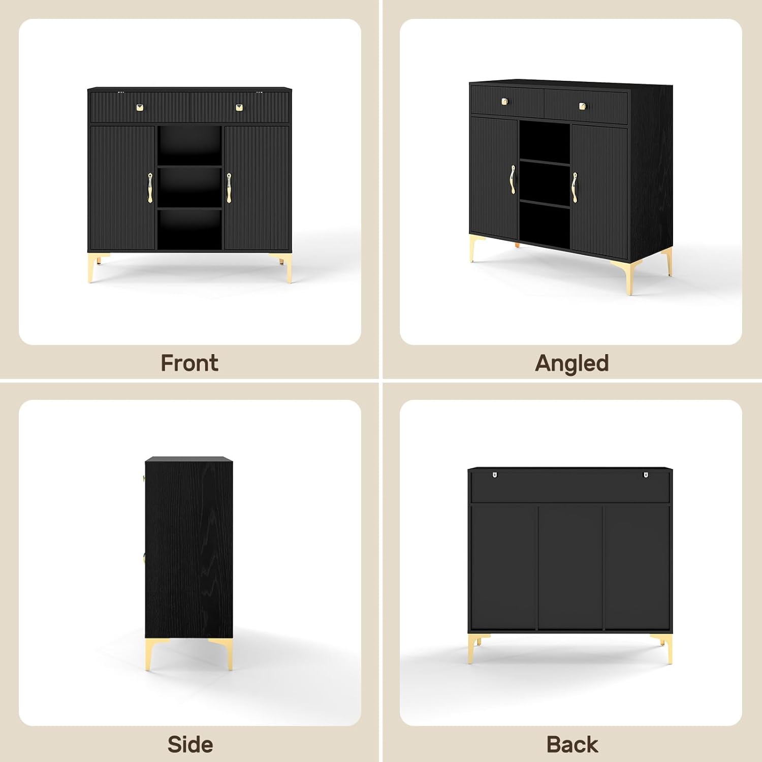 Black Sideboard Buffet Cabinet with Adjustable Shelves, Modern Storage Cabinet with Drawers and Doors, Sleek Buffet for Dining Room, Living Room, Entryway, 39.4 Inch - Image 10