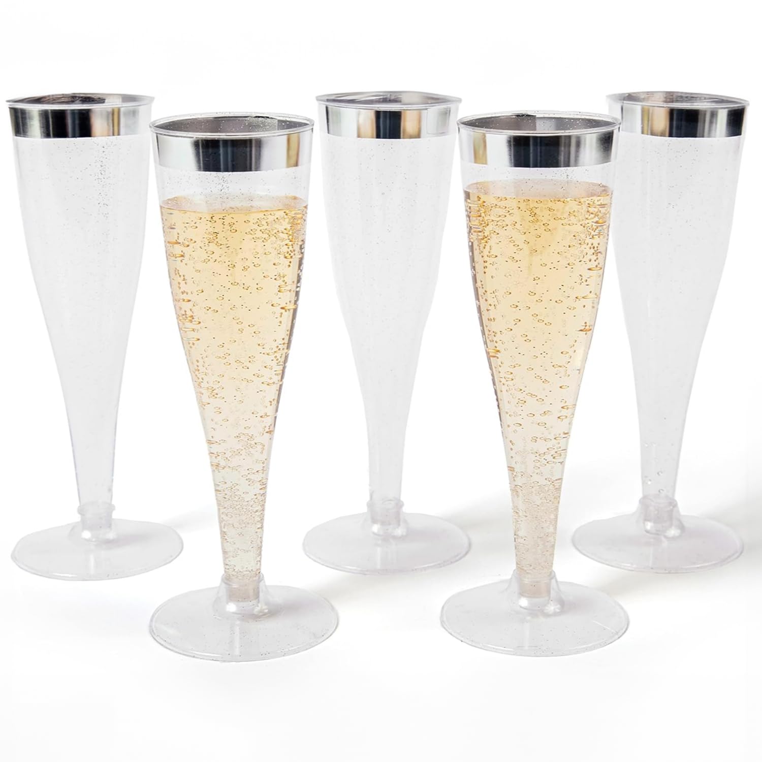Prestee Set of 24 Silver Glitter Plastic Champagne Flutes - 4.5 oz Capacity - Shatterproof Durable Disposable Glasses - Elegant Design - Ideal for Weddings, Cocktail Parties, and Outdoor Celebrations