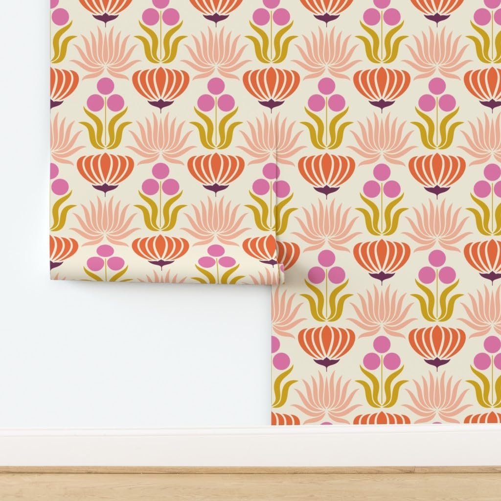 Peel & Stick Wallpaper 3ft x 2ft - Mod Art Nouveau Peach Flowers Floral Botanical Nature Art Deco Lotus Custom Removable Wallpaper by Spoonflower