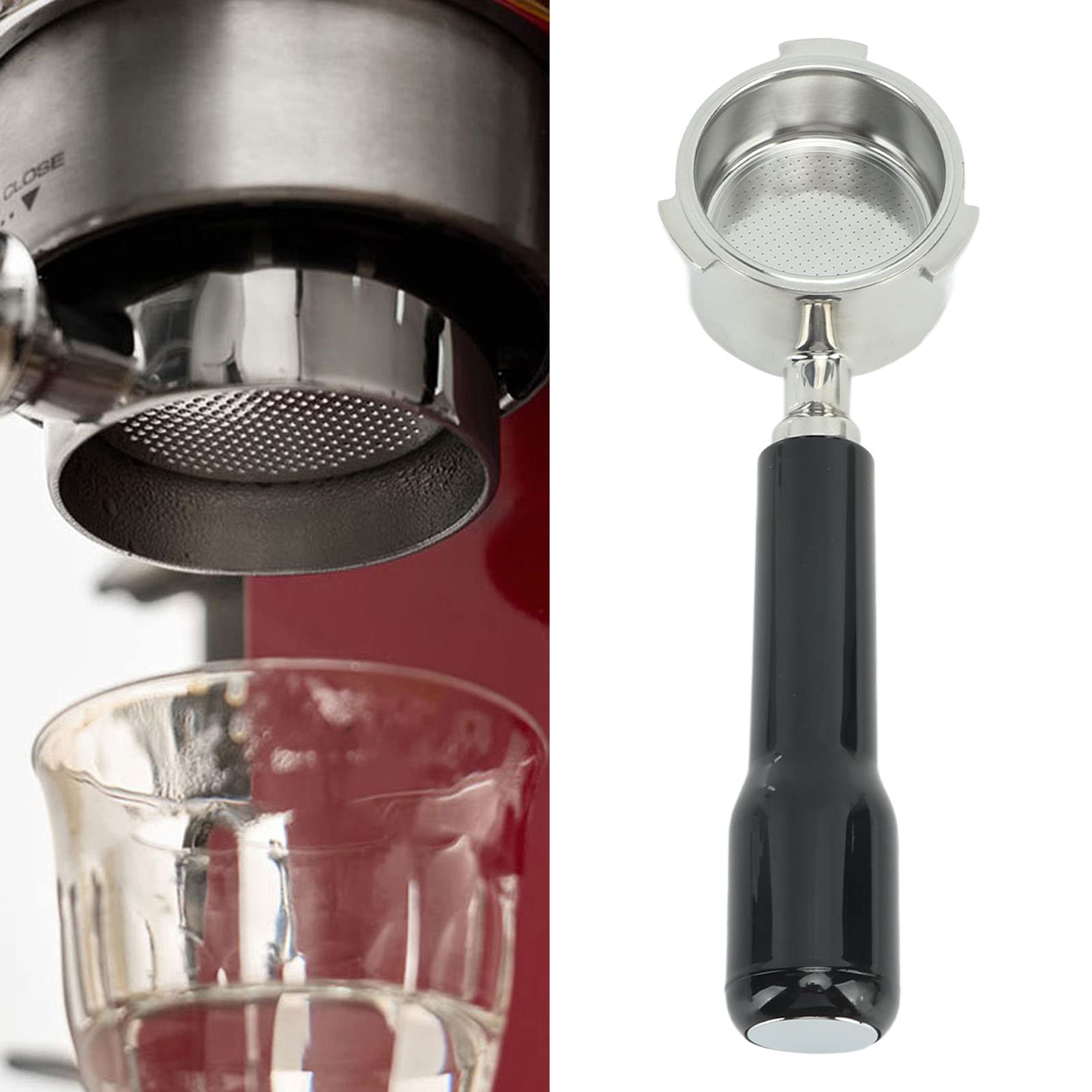 Portafiltro de café sin fondo de 51 mm, portafiltro de una sola capa de tres orejas, filtro sin fondo de acero inoxidable para cafetera (Black)