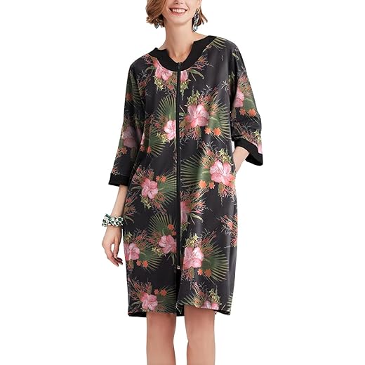 Ekouaer Women Bathrobes Half Sleeve Zipper Nightgowns Terry Zip Lounger with Pockets Large