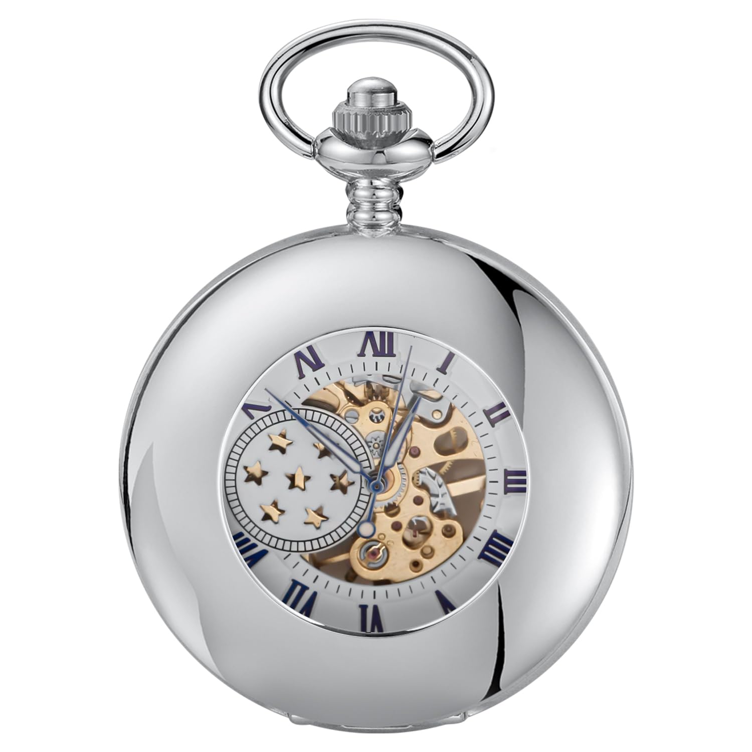 Orologio da tasca meccanico classico, in argento, con numeri romani, orologio da tasca in argento con scatola a catena, per uomo