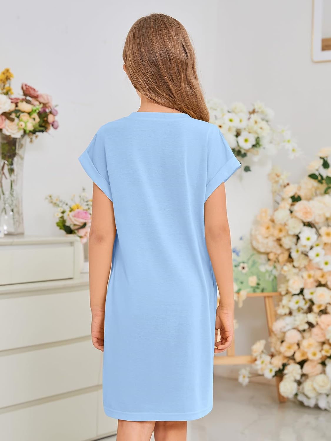 ZDC Girls Cap Sleeve Dresses Kids Spring Summer Casual Basic Crewneck Dress with Pockets 5-14 Years