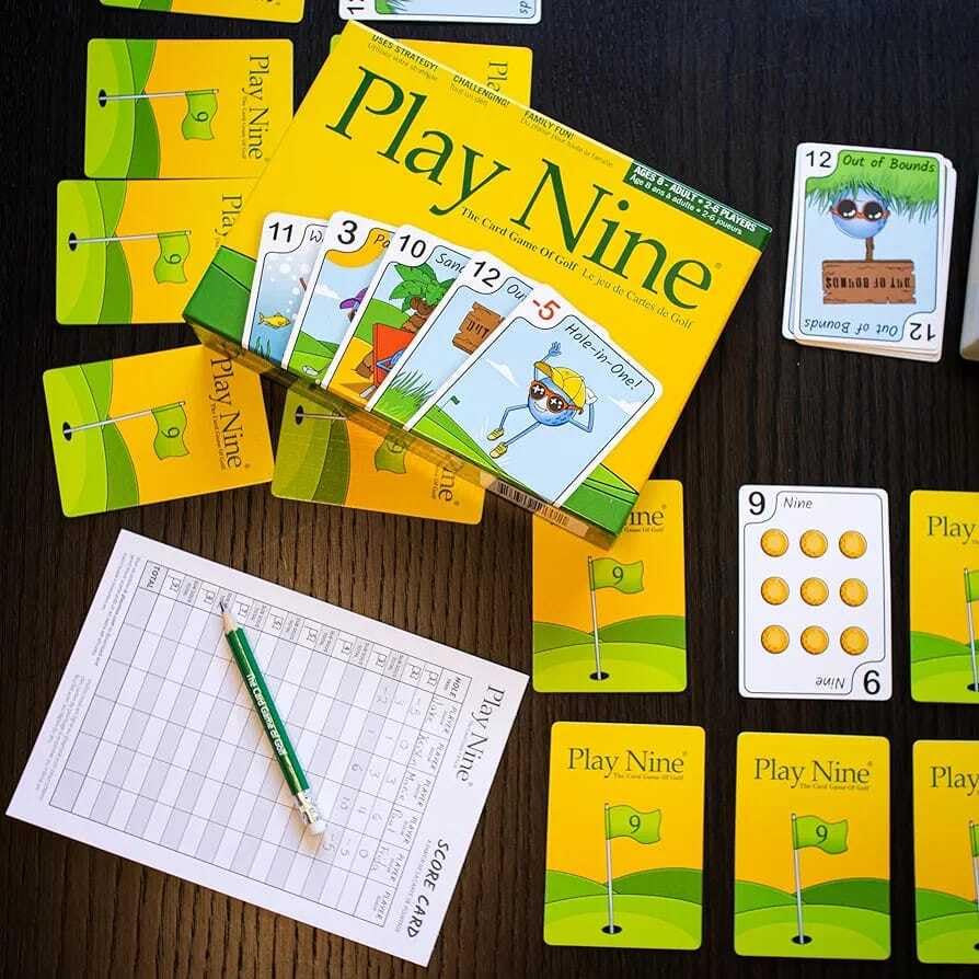 Image of Awestuffs Family Board Games for Adults and Kids - Ages 14 and up, 2 to 6 Players (Play Nine - The Card Game of Golf for Adults & Kids)
